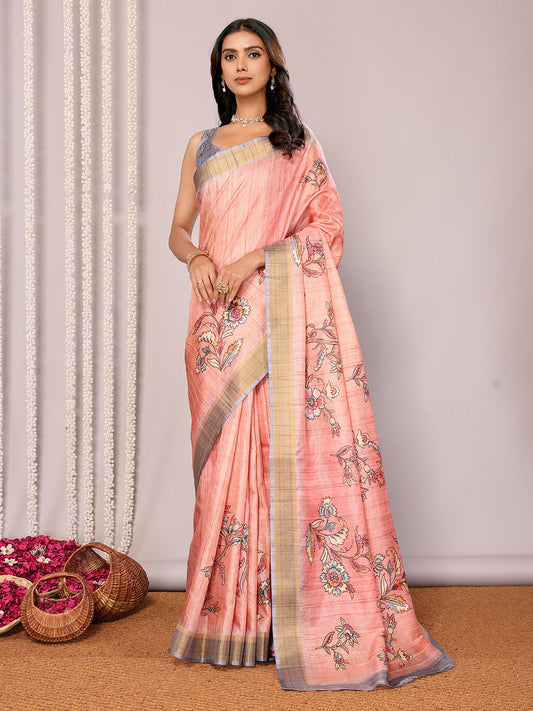 Janasya Peach Chanderi Silk Floral Printed Saree | Swadesiicart
