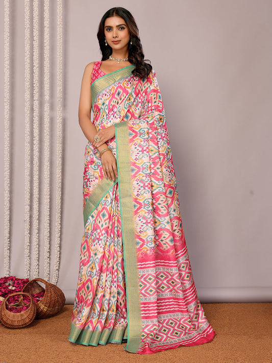 Janasya Pink Chanderi Silk Ikkat Printed Saree | Swadesiicart