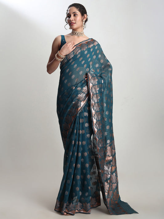 Janasya Teal Blue Linen Blend Floral Jacquard Saree | Swadesiicart