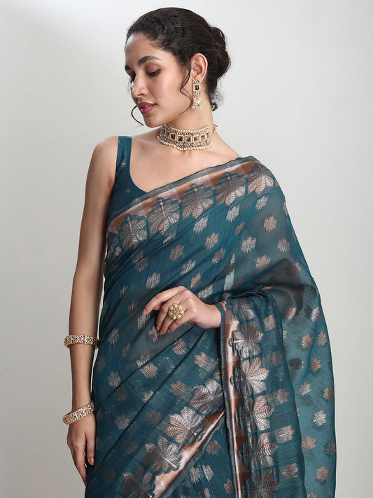 Janasya Teal Blue Linen Blend Floral Jacquard Saree | Swadesiicart