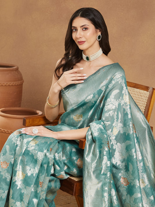 Janasya Sea Green Linen Blend Floral Jacquard Saree | Swadesiicart