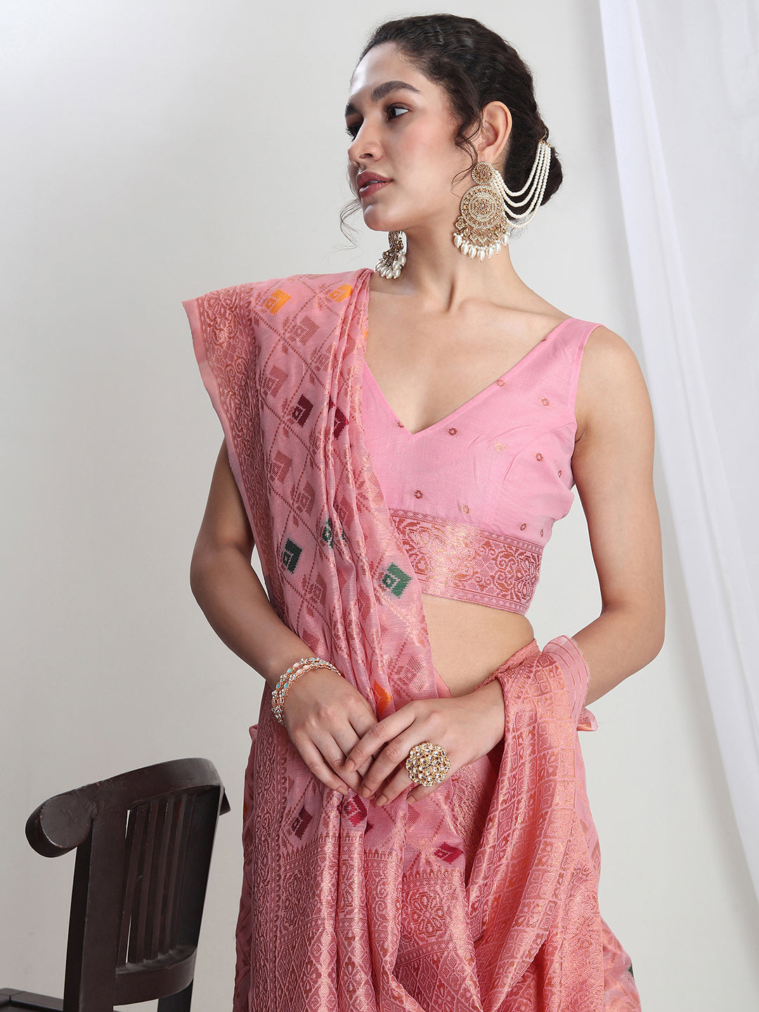 Janasya Pink Linen Blend Geometric Jacquard Saree | Swadesiicart