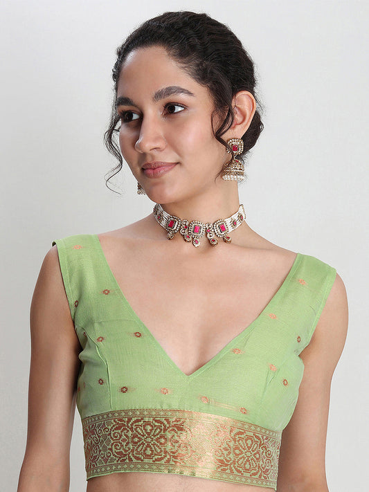 Janasya Green Linen Blend Geometric Jacquard Saree | Swadesiicart