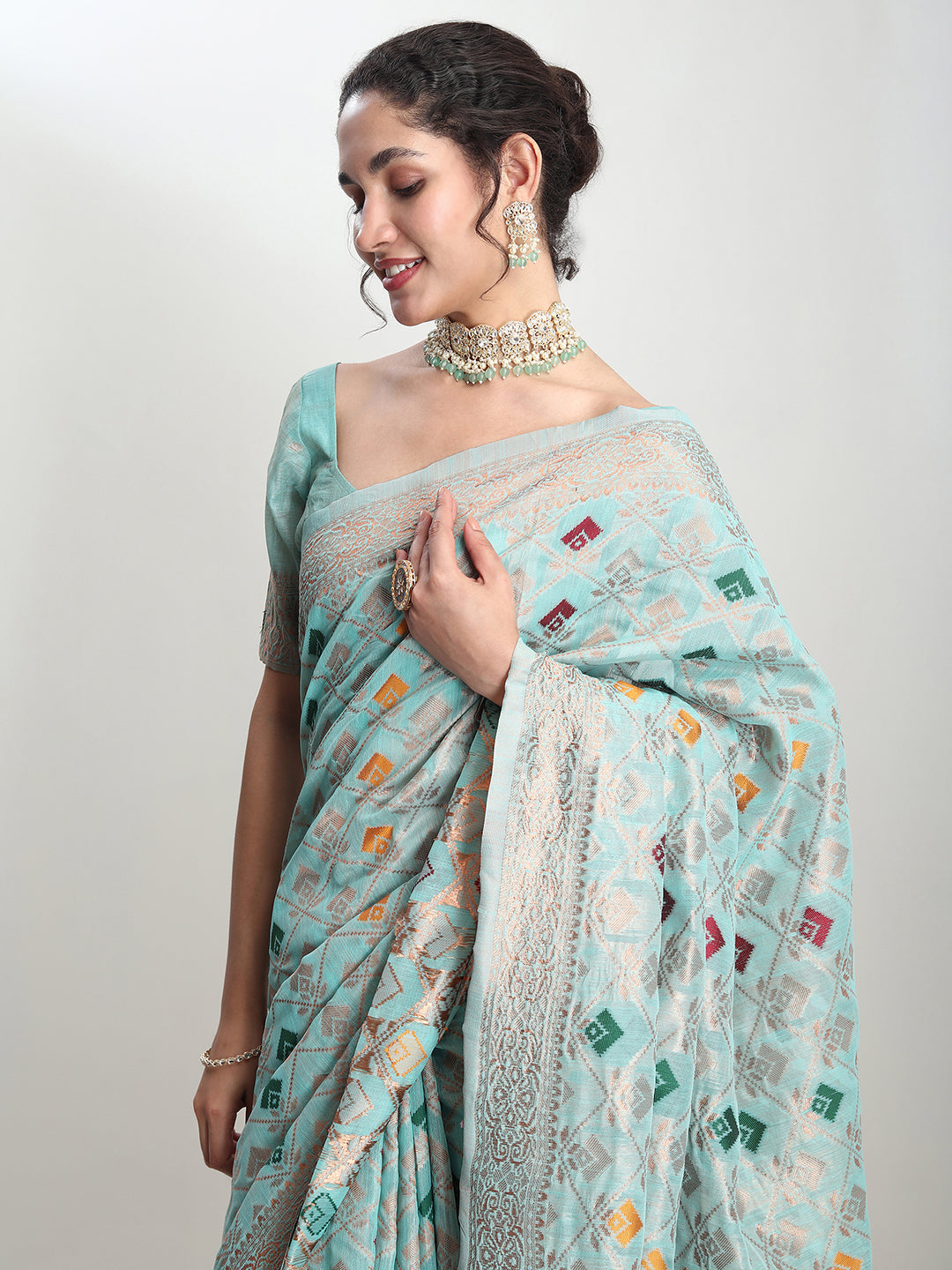 Janasya Sea Green Linen Blend Geometric Jacquard Saree | Swadesiicart