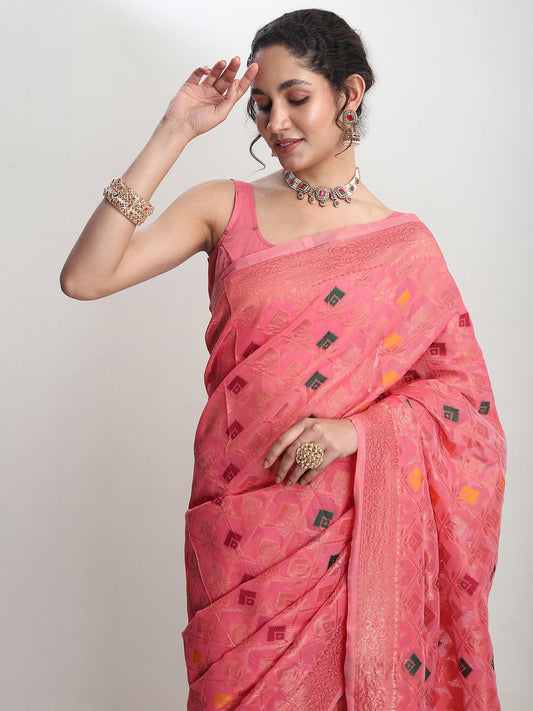 Janasya Peach Linen Blend Geometric Jacquard Saree | Swadesiicart