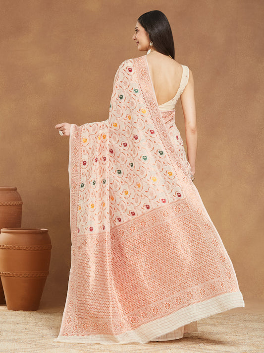 Janasya Light Peach Linen Blend Patola Jacquard Saree | Swadesiicart