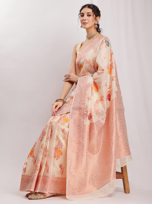 Janasya Orange Linen Blend Floral Jacquard Saree | Swadesiicart