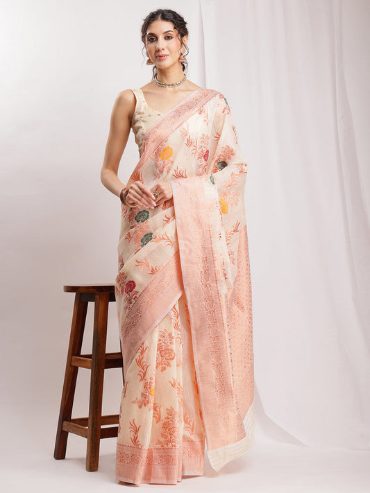 Janasya Orange Linen Blend Floral Jacquard Saree | Swadesiicart