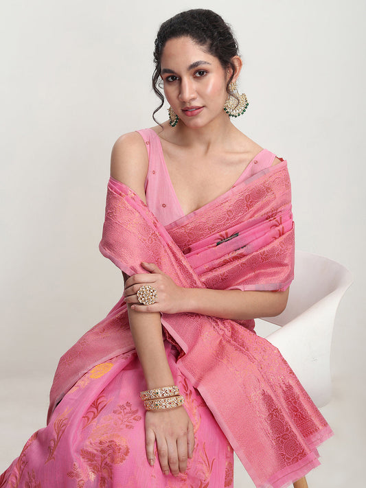 Janasya Pink Linen Blend Floral Jacquard Saree | Swadesiicart