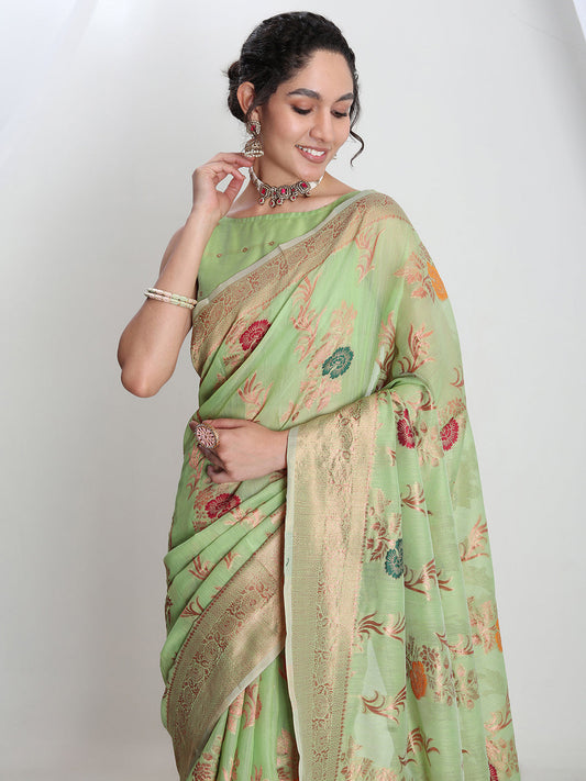 Janasya Light Green Linen Blend Floral Jacquard Saree | Swadesiicart
