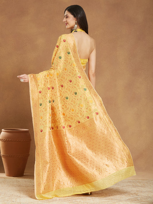 Janasya Yellow Linen Blend Patola Jacquard Saree | Swadesiicart