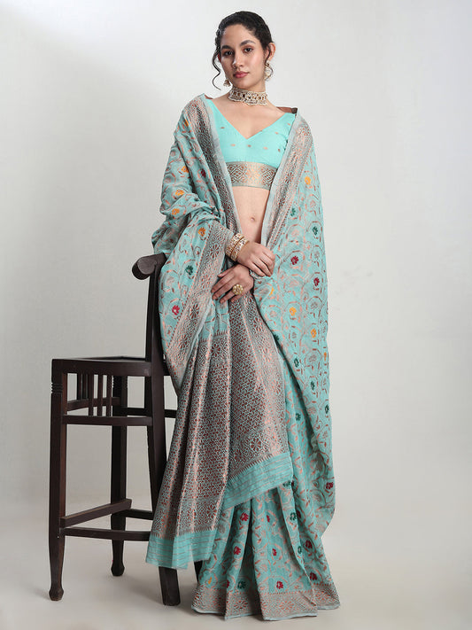Janasya Sea Green Linen Blend Floral Jacquard Saree | Swadesiicart