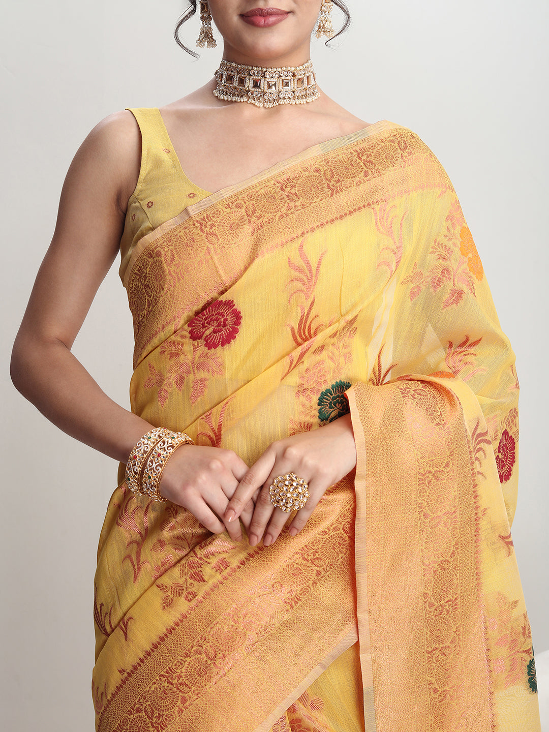 Janasya Yellow Linen Blend Floral Jacquard Swadesiicart