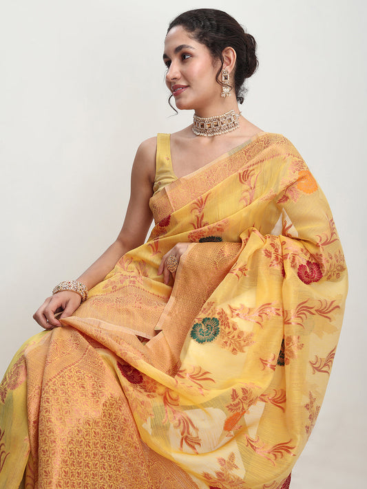 Janasya Yellow Linen Blend Floral Jacquard Saree | Swadesiicart