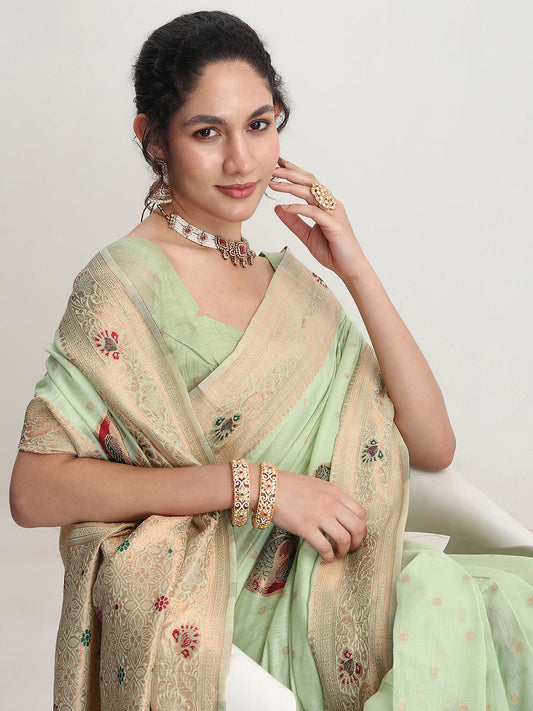 Janasya Light Green Linen Blend Kalamkari Jacquard Saree | Swadesiicart