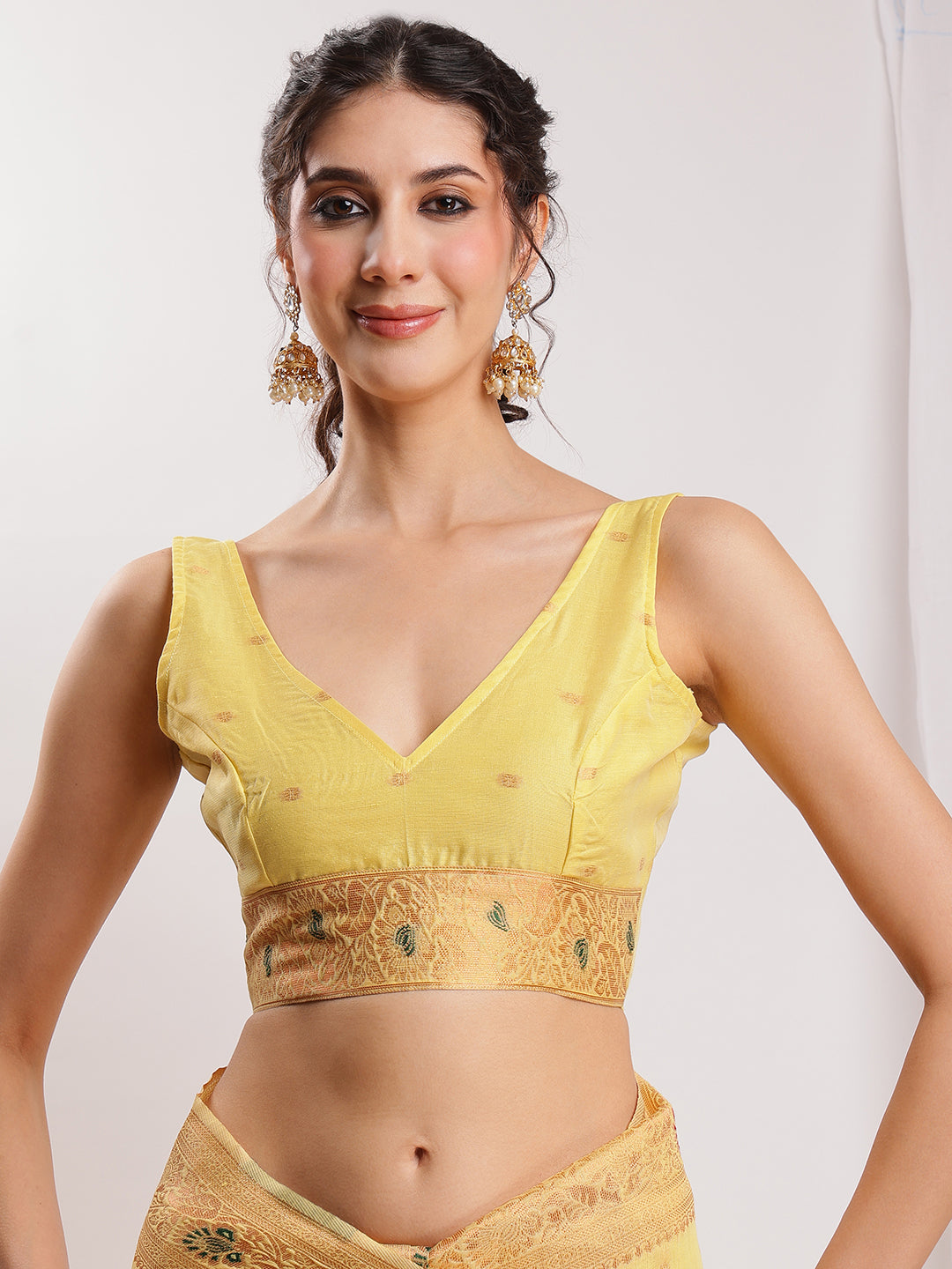 Janasya Yellow Linen Blend Kalamkari Jacquard Saree | Swadesiicart