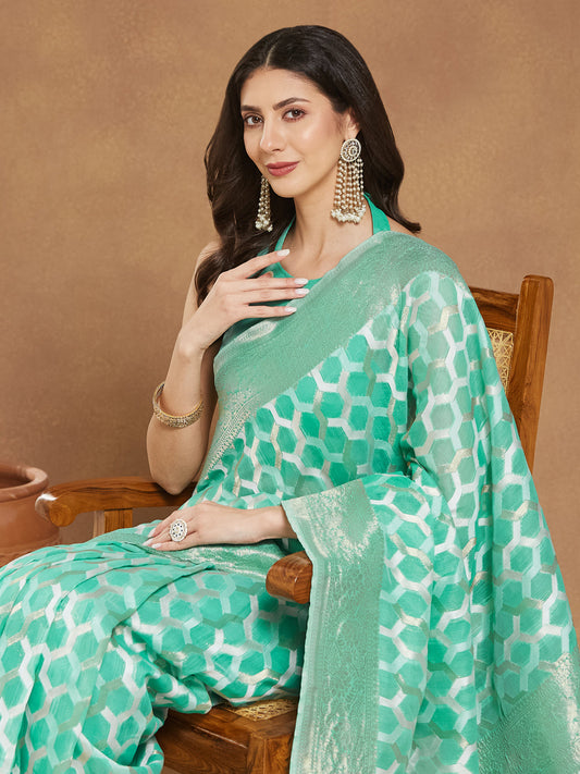 Janasya Sea Green Linen Blend Geometric Jacquard Saree | Swadesiicart