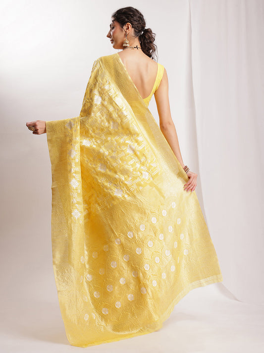 Janasya Yellow Linen Blend Geometric Jacquard Saree | Swadesiicart