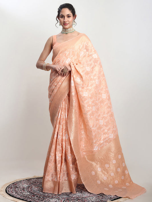Janasya Orange Linen Blend Geometric Jacquard Saree | Swadesiicart