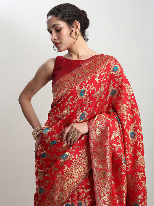 Janasya Red Silk Blend Floral Jacquard Saree | Swadesiicart