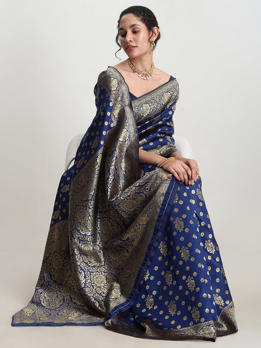 Janasya Blue Silk Blend Floral Jacquard Saree | Swadesiicart