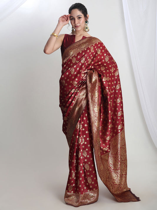Janasya Maroon Silk Blend Floral Jacquard Saree | Swadesiicart
