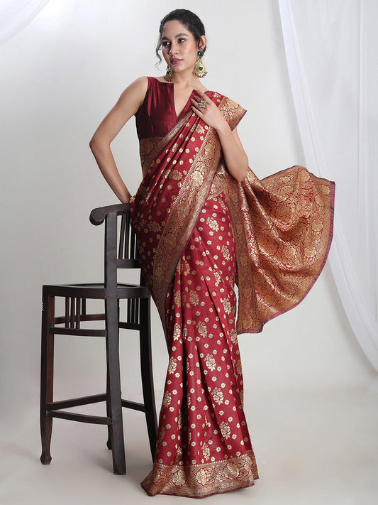 Janasya Maroon Silk Blend Floral Jacquard Saree | Swadesiicart