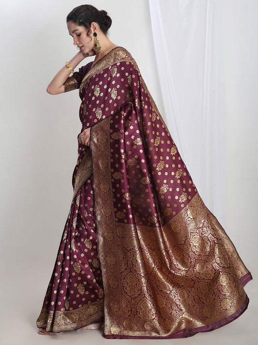 Janasya Purple Silk Blend Floral Jacquard Saree | Swadesiicart