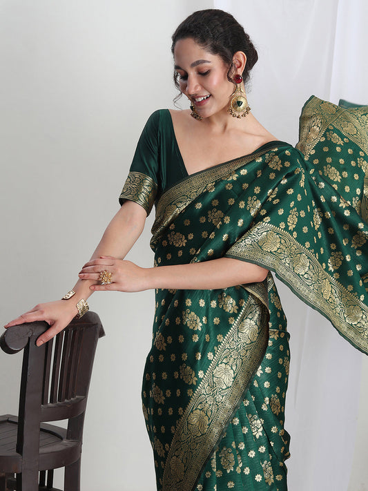 Janasya Green Silk Blend Floral Jacquard Saree | Swadesiicart