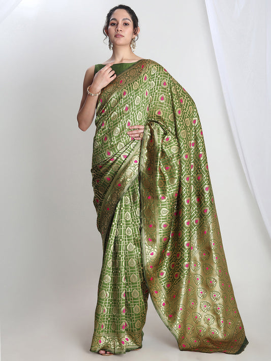 Janasya Green Silk Blend Ethnic Motifs Jacquard Saree | Swadesiicart