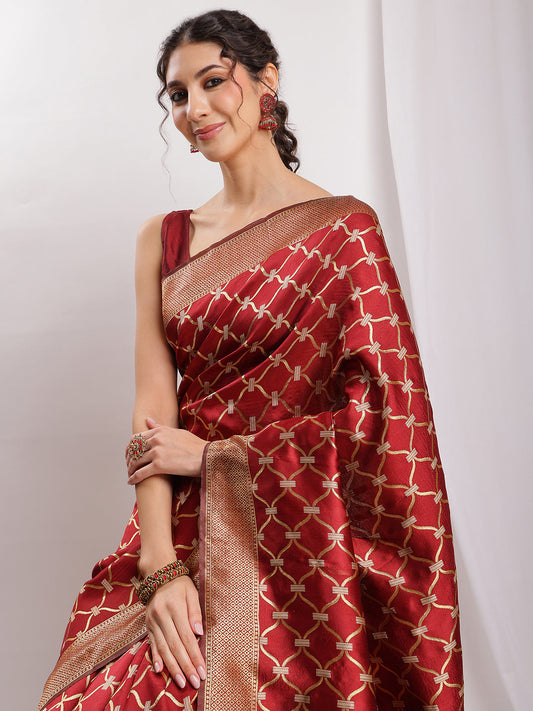 Janasya Maroon Silk Blend Ethnic Jacquard Saree | Swadesiicart
