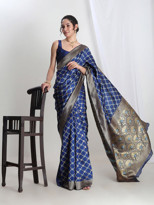 Janasya Blue Silk Blend Ethnic Printed Jacquard Saree | Swadesiicart