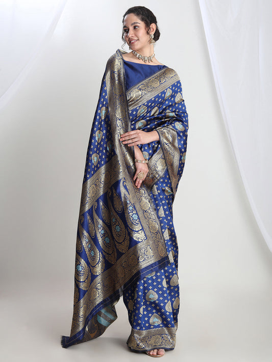 Janasya Blue Silk Blend Ethnic Motifs Jacquard Saree | Swadesiicart