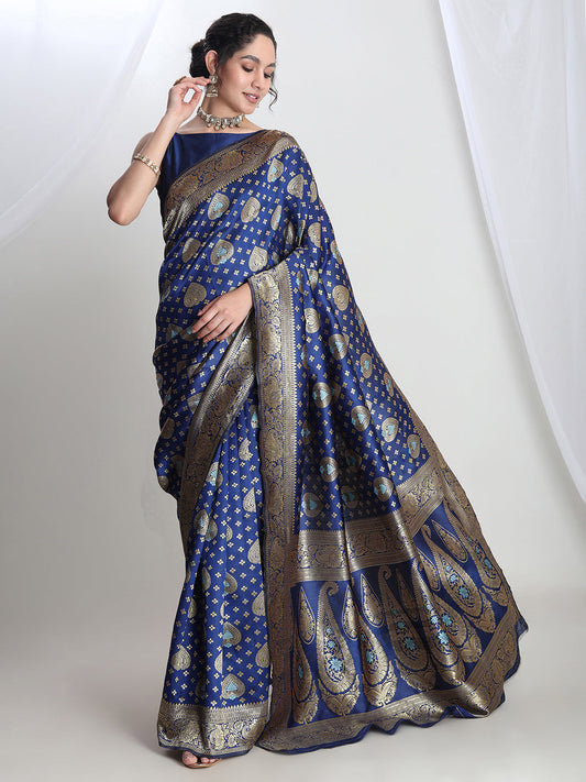 Janasya Blue Silk Blend Ethnic Motifs Jacquard Saree | Swadesiicart