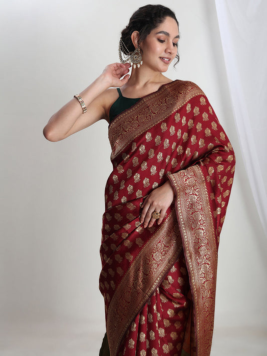 Janasya Maroon Silk Blend Ethnic Motifs Jacquard Saree | Swadesiicart