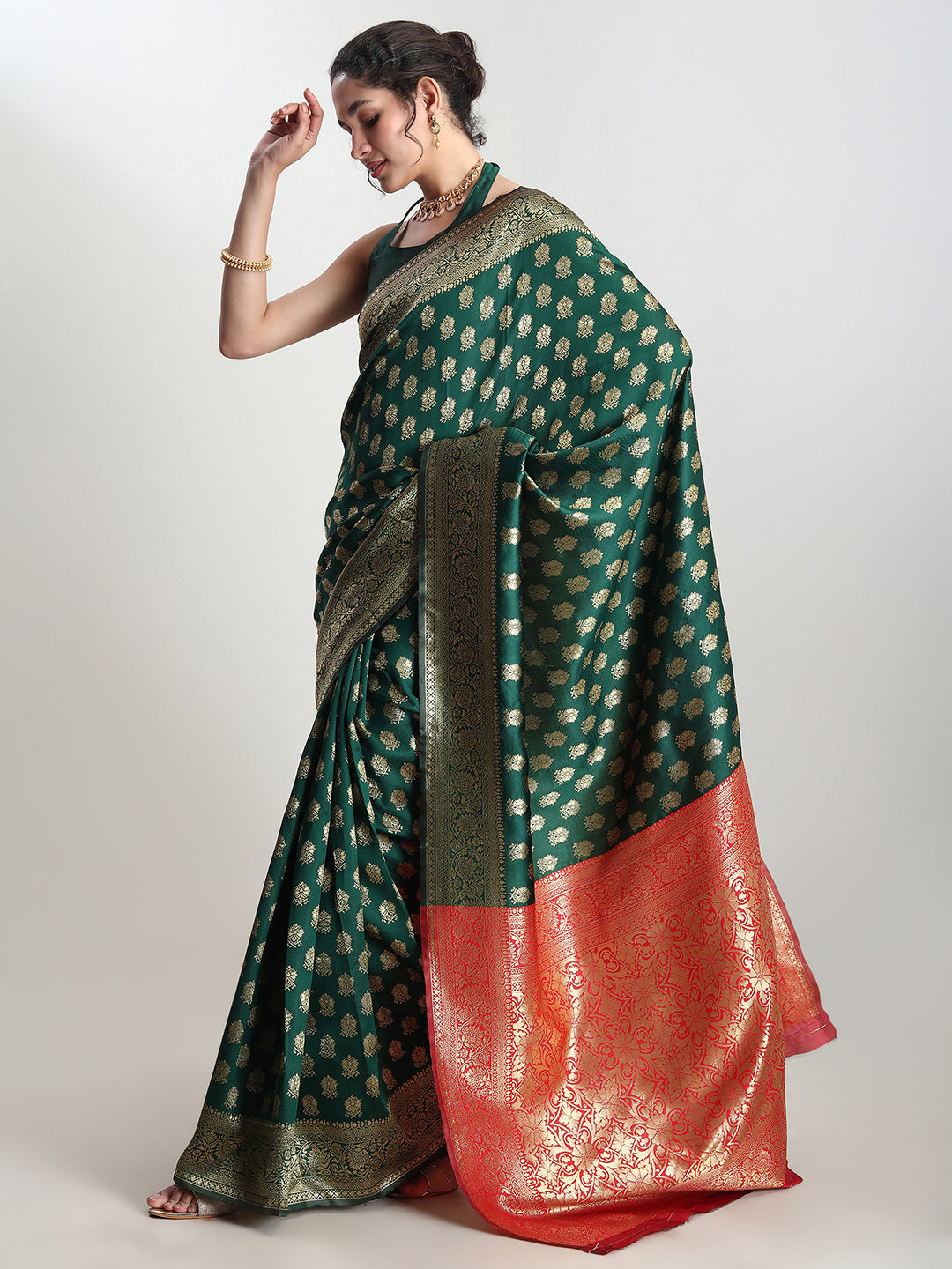 Janasya Dark Green Silk Blend Ethnic Motifs Jacquard Saree | Swadesiicart