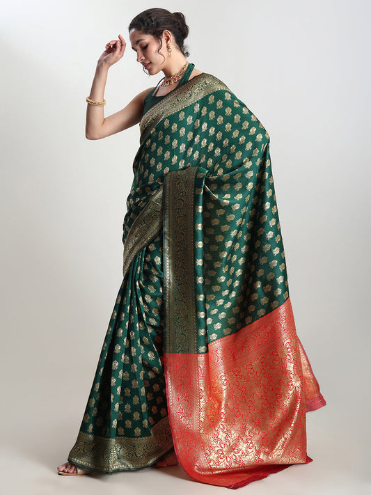 Janasya Dark Green Silk Blend Ethnic Motifs Jacquard Saree | Swadesiicart