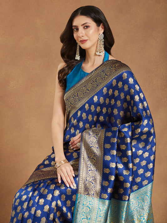 Janasya Blue Silk Blend Ethnic Motifs Banarasi Jacquard Saree | Swadesiicart