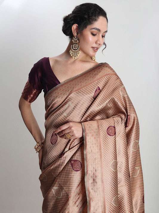 Janasya Beige Silk Blend Ethnic Printed Jacquard Saree | Swadesiicart