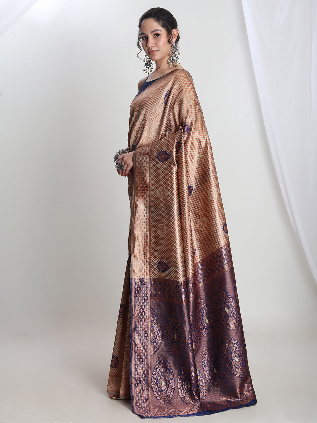 Janasya Beige Silk Blend Ethnic Printed Jacquard Saree | Swadesiicart