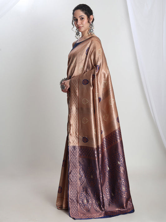Janasya Beige Silk Blend Ethnic Printed Jacquard Saree | Swadesiicart