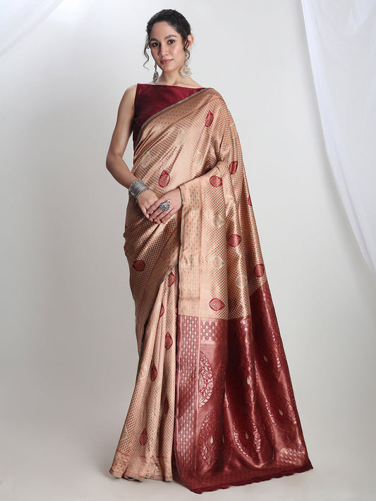 Janasya Beige Silk Blend Ethnic Printed Jacquard Saree | Swadesiicart