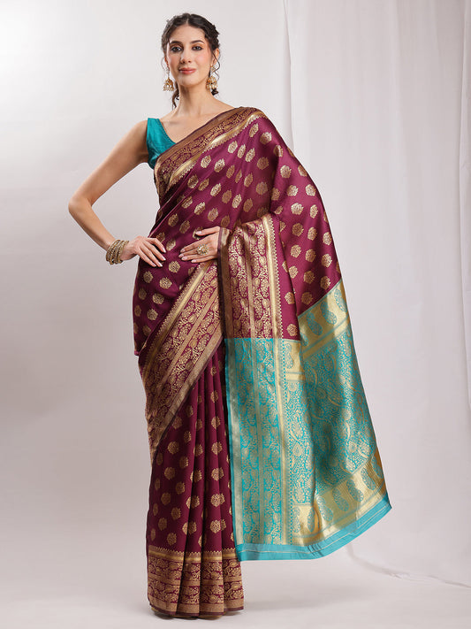 Janasya Purple Silk Blend Floral Jacquard Saree | Swadesiicart