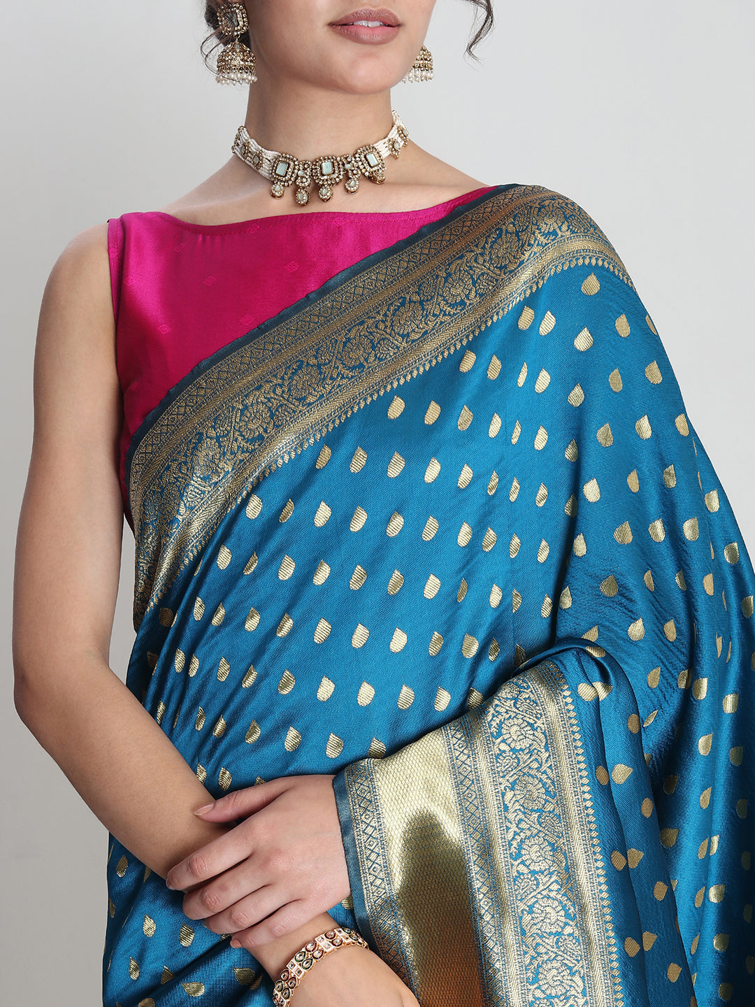 Janasya Teal Blue Silk Blend Ethnic Motifs Jacquard Saree | Swadesiicart