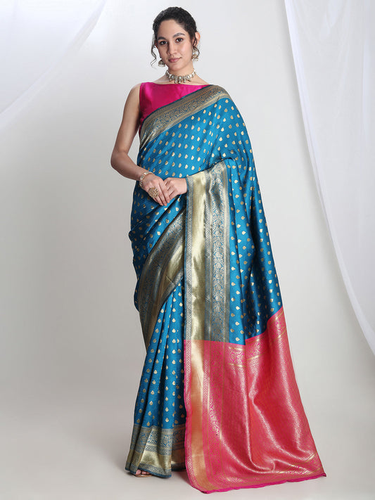 Janasya Teal Blue Silk Blend Ethnic Motifs Jacquard Saree | Swadesiicart