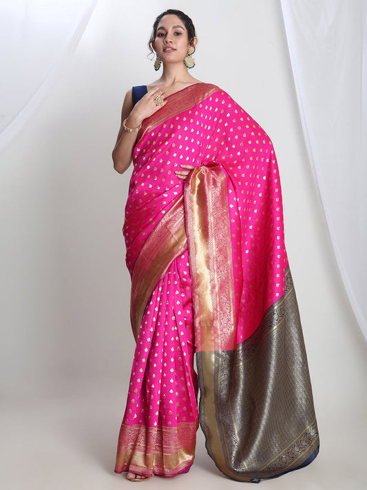 Janasya Pink Silk Blend Ethnic Motifs Jacquard Saree | Swadesiicart