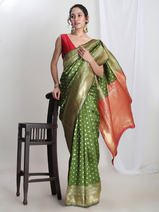 Janasya Green Silk Blend Ethnic Motifs Jacquard Saree | Swadesiicart