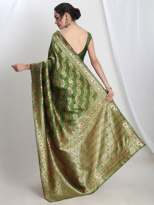Janasya Green Silk Blend Floral Jacquard Saree | Swadesiicart