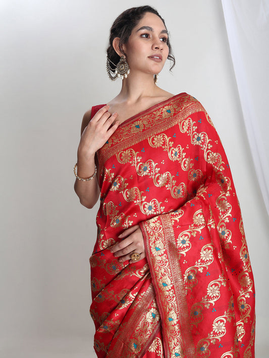 Janasya Red Silk Blend Floral Jacquard Saree | Swadesiicart