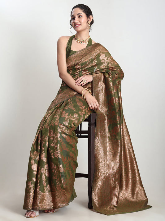 Janasya Green Silk Blend Floral Jacquard Saree | Swadesiicart